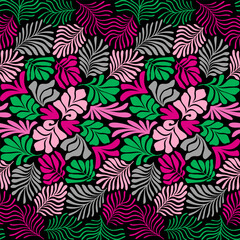 Multicolor abstract background with tropical palm leaves in Matisse style. Vector seamless pattern with Scandinavian cut out elements. - 590880817