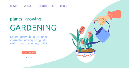 Home gardening, landing or web page template with female hands watering flowers. Plant care concept. Flat style vector illustration
