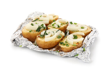 Aluminium foil with raw potato and onion on white background