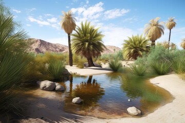 Fototapeta premium A pond in a desert oasis with palm trees Generative AI 3