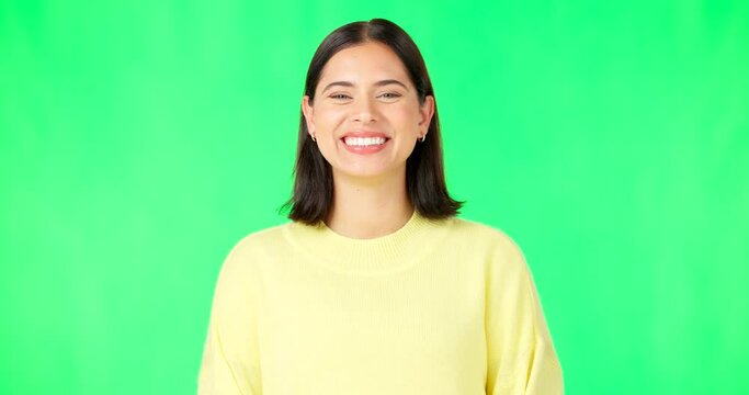 Happy, laughing and the face of a woman on a green screen isolated on a studio background. Smile, beautiful and portrait of a girl with confidence, happiness and positivity on a mockup backdrop