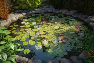 A pond in a  garden with lily floating on lake Generative AI 2