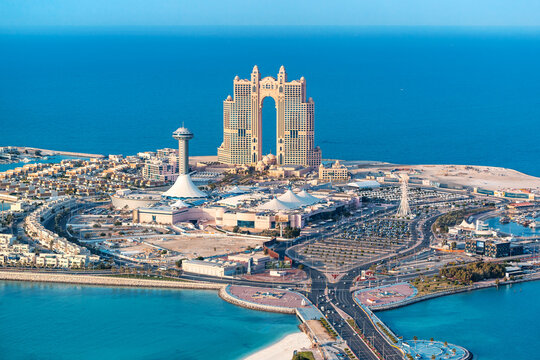15 January 2023, Abu Dhabi, UAE: Aerial view of peninsula with development area and stunning Rixos Marina hotel building