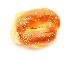 Halves of tasty bagel with sesame seeds on white background