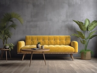 Yellow sofa and a wooden table in living room interior with plant,concrete wall.