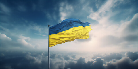 Ukraine flag banner high in the sky background generativ ai