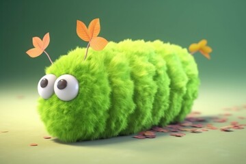 3D cartoon fuzzy cute caterpillar is inching its way up a leaf, ready to begin its transformation. Generative AI