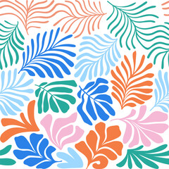 Multicolor abstract background with tropical palm leaves in Matisse style. Vector seamless pattern with Scandinavian cut out elements.
