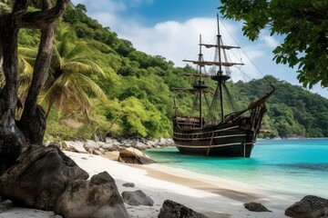 Pirate ship at beach. Generate Ai