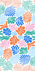 Multicolor abstract background with tropical palm leaves in Matisse style. Vector seamless pattern with Scandinavian cut out elements.