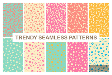 Collection of bright seamless colorful patterns - modern design. Creative unusual textile prints. Repeatable fun trendy backgrounds. Fashion style 80-90s.