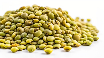A pile of green mung bean studio shot product presentation food photography isolated on white.