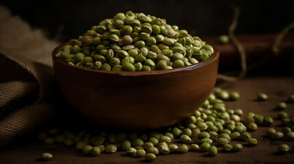 A bowl of green mung bean studio shot product presentation food photography.