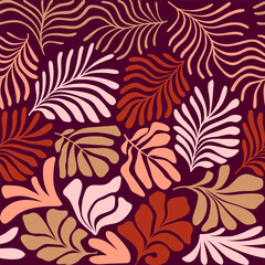 Fototapeta premium Multicolor abstract background with tropical palm leaves in Matisse style. Vector seamless pattern with Scandinavian cut out elements.