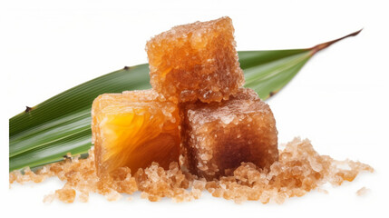 Some cube of brown sugar on isolated on white background copy space. Product presentation studio...