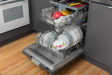Dishwasher built into the kitchen cabinet