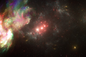 Fototapeta na wymiar Multicolored clouds of stardust in black space. Abstract fractal 3D rendering