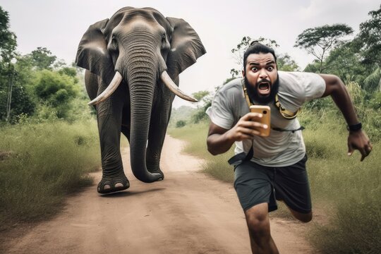 Scared man photo with elephant. Generate Ai