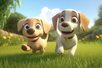 3D cartoon playful puppies are chasing each other through the grass. Generative AI