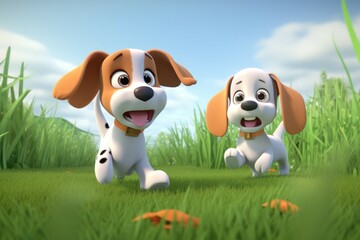 3D cartoon playful puppies are chasing each other through the grass. Generative AI