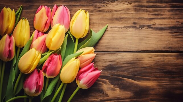 bouquet of tulips, banner, wooden background, Created using generative Al.