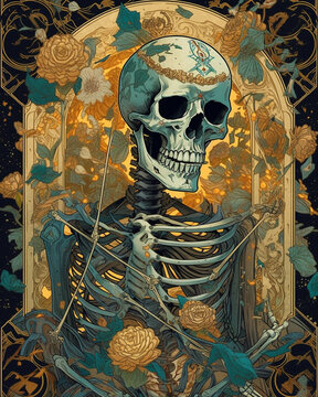 Illustration of a tarot card with skeleton and flowers