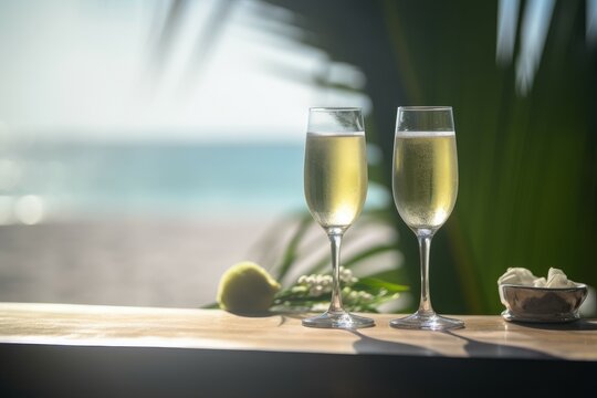 Tropical wedding with glassflute champagne. Generate Ai