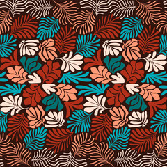 Fototapeta premium Multicolor abstract background with tropical palm leaves in Matisse style. Vector seamless pattern with Scandinavian cut out elements.