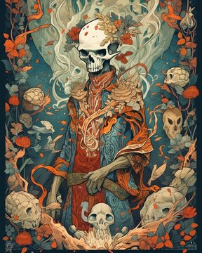 Tarot card illustration with skeleton and skulls