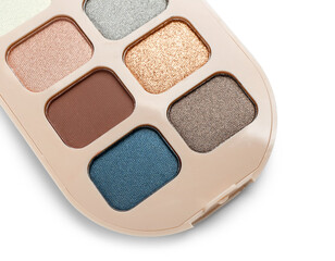 Palette of eyeshadows on white background, closeup