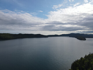 Drone shot of Lake Superior in Thunder Bay Ontario with clouds in the sky