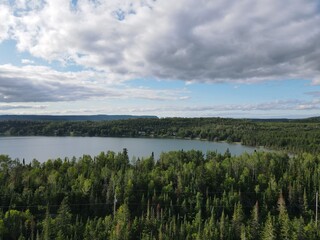 Drone shot of Lake Superior in Thunder Bay Ontario with clouds in the sky