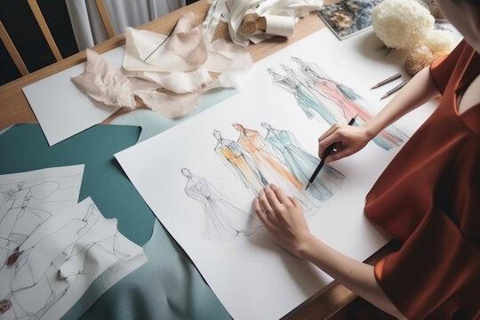 a sketch of a dress and a set of fabric. Sketches of clothes and fabric samples on the table. the designer is working  Generative AI