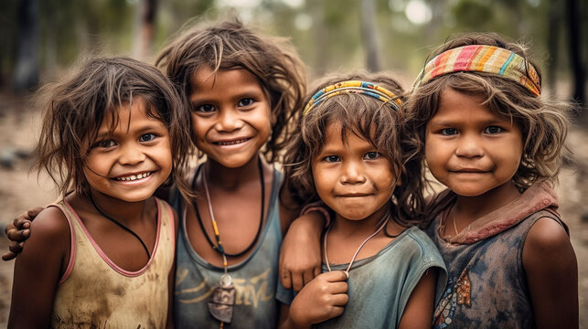 Portrait of a group of happy Indigenous Australian children in the outdoors
