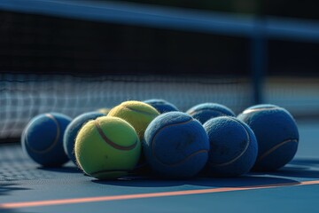Vibrant blue and green tennis balls on tennis court created with Generative AI Tools
