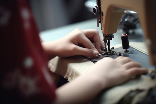 Hands of young girl using sewing machine in workshop Blurring effect and selective focus  Generative AI
