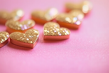 Gold shiny hearts on a pink background, luxury card, wedding, present, celebration, mother, valentine, christmas. Generative AI.