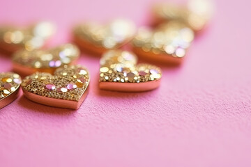 Gold shiny hearts on a pink background, luxury card, wedding, present, celebration, mother, valentine, christmas. Generative AI.