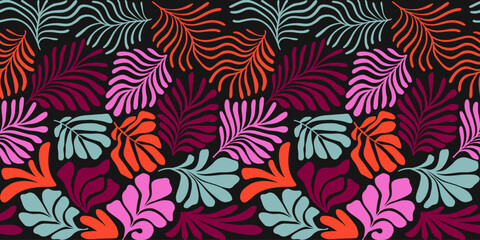 Multicolor abstract background with tropical palm leaves in Matisse style. Vector seamless pattern with Scandinavian cut out elements.