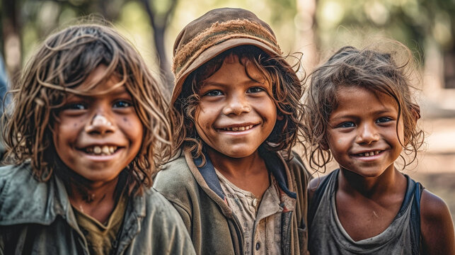 Portrait of a group of happy Indigenous Australian children in the outdoors