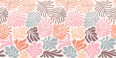 Multicolor abstract background with tropical palm leaves in Matisse style. Vector seamless pattern with Scandinavian cut out elements. © Oleksandra