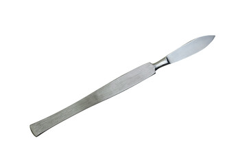 a surgical sharp metal scalpel is isolated on a white background.