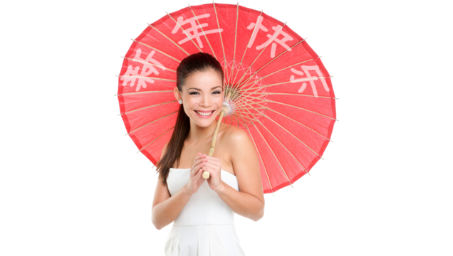 Chinese new year woman with traditional umbrella with HAPPY CHINESE NEW YEAR written in Chinese. Beautiful mixed race Chinese Asian / Caucasian girl isolated on transparent PNG - Powered by Adobe