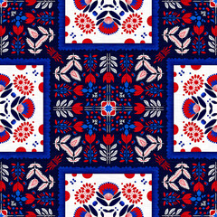 Folkart quilt traditional pattern. Patchwork red white blue trendy allover print. Norwegian style European cloth. 