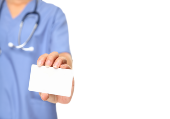 Nurse business card sign closeup. Female doctor or nurse holding and showing blank empty business card isolated on white background in transparent PNG cutout.