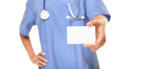 Doctor business card close up. Empty small sign card with copy space for text etc. Medical professional, doctor or nurse isolated on white background in transparent PNG cutout.