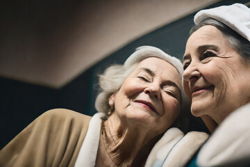 Two senior women in the SPA. Concept of active age. Generative AI