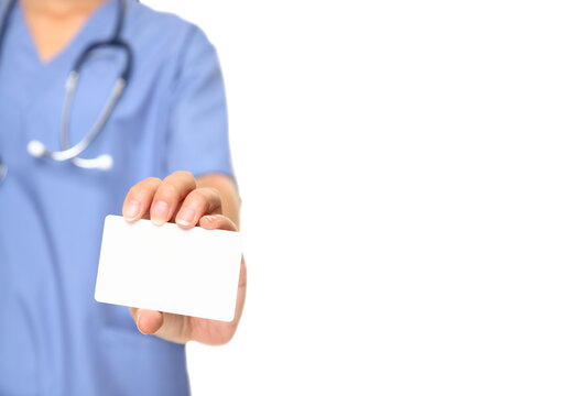 Nurse business card sign closeup. Female doctor or nurse holding and showing blank empty business card isolated on white background in transparent PNG cutout. - Powered by Adobe