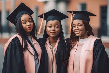 Group of Beautiful black american young woman wearing a graduation cap. Study, education, graduate concept. Generative AI illustration