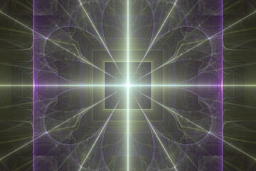 Green purple luminous pattern of curved shapes and rays on a black background. Abstract fractal 3D rendering
